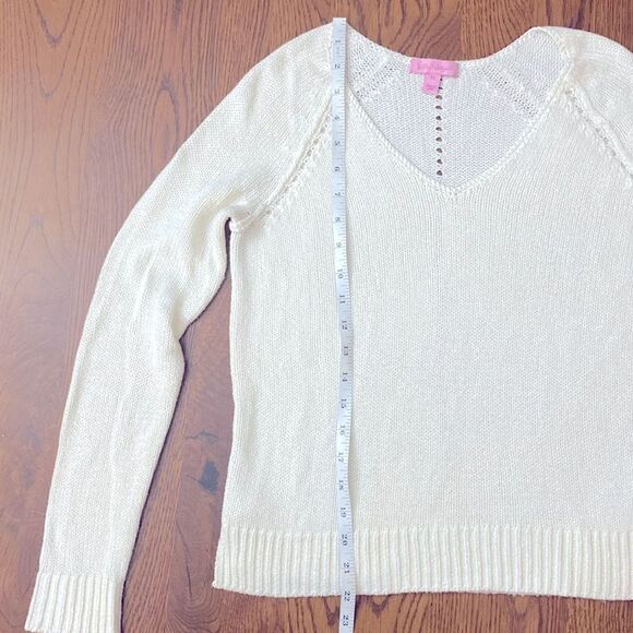 LILLY PULITZER XS Classic Cream Open Knit Crochet V-Neck Sweater Cottagecore - Picture 15 of 16